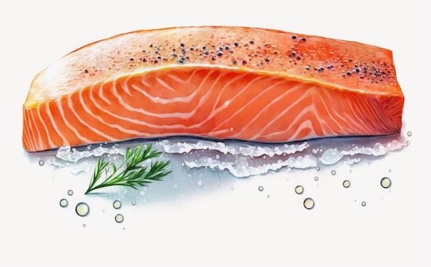 A drawn raw salmon steak on white background watercolor organic seafood illustrations ai generated