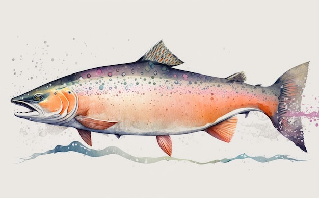 A drawn salmon on white background watercolor organic seafood illustrations ai generated