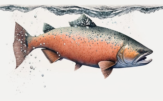 Photo a drawn salmon on white background watercolor organic seafood illustrations ai generated