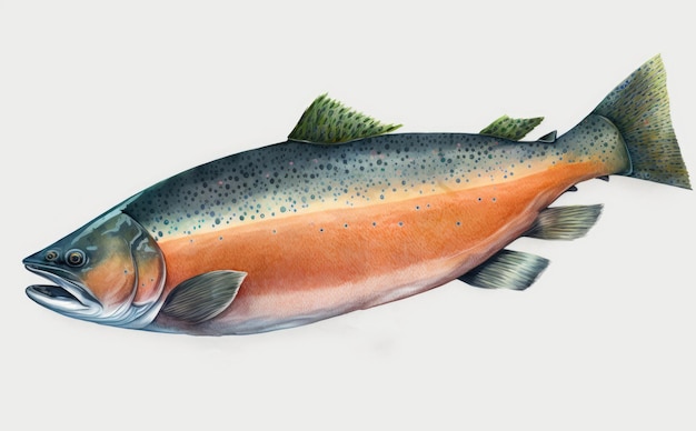 A drawn salmon on white background watercolor organic seafood illustrations ai generated