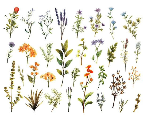 Drawn wild flowers on a white background