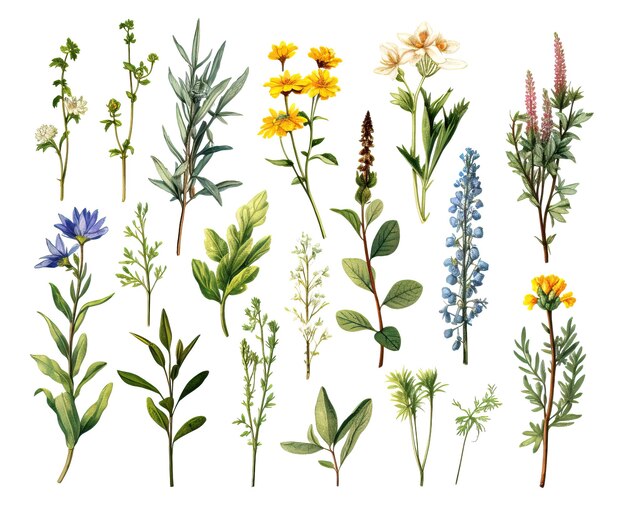 Drawn wild flowers on a white background