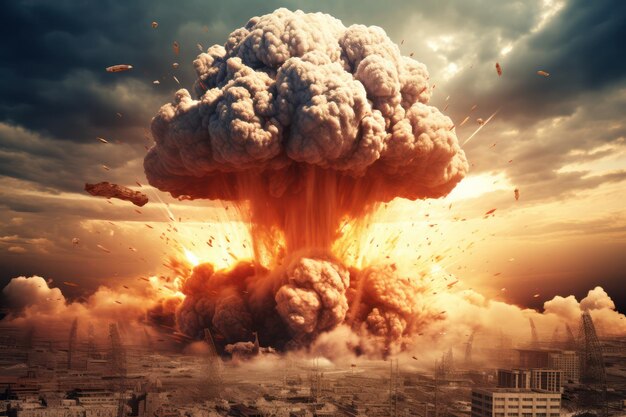 Dreadful nuclear bomb explosion destroying large city during fatal war actions destroying center