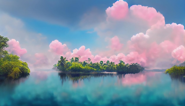 Dream beautiful landscape with hilly island against fluffy pink clouds