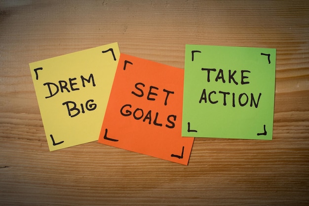 Dream big set goals take action success recipe on wooden background