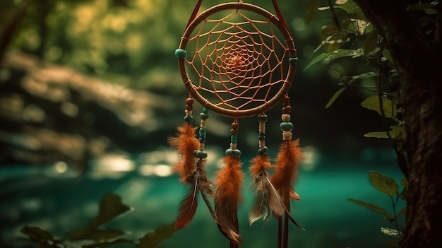 Dream catcher background Native American decoration and shamanic item on a tree Generative Ai