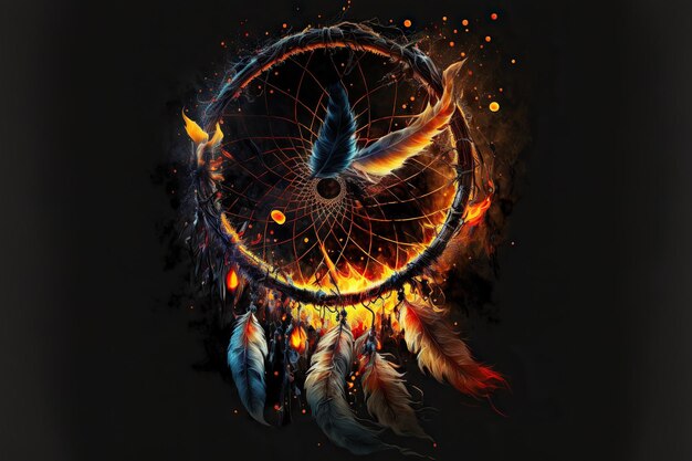 Dream catcher on fire on dark background created with generative ai