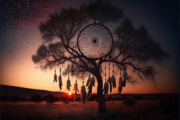 Dream catcher hanging on lone tree in mysterious wind and light at dusk created with generative ai