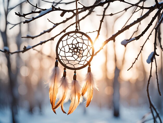 Dream catcher hanging on a tree Sunset Winter