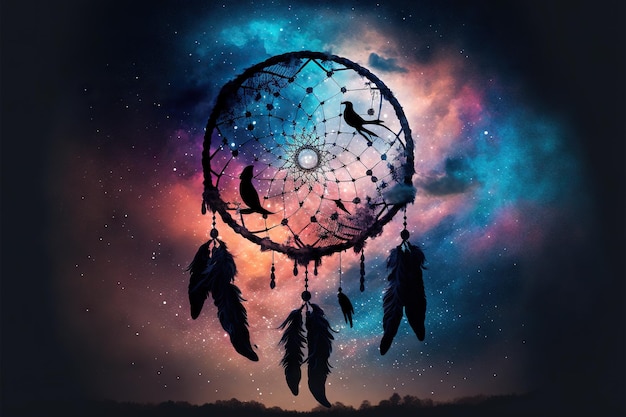 Dream catcher in night sky with nebula created with generative ai