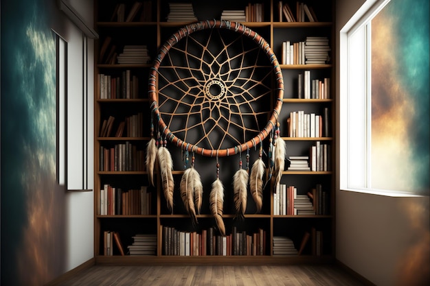 Dream catcher with book shelves with old books background created with generative ai