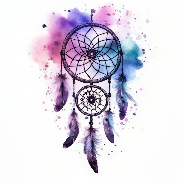 Dream catcher with feathers and watercolor splashes Vector illustration