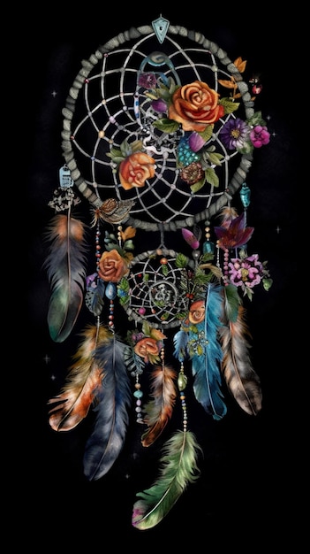 A dream catcher with flowers and feathers on it
