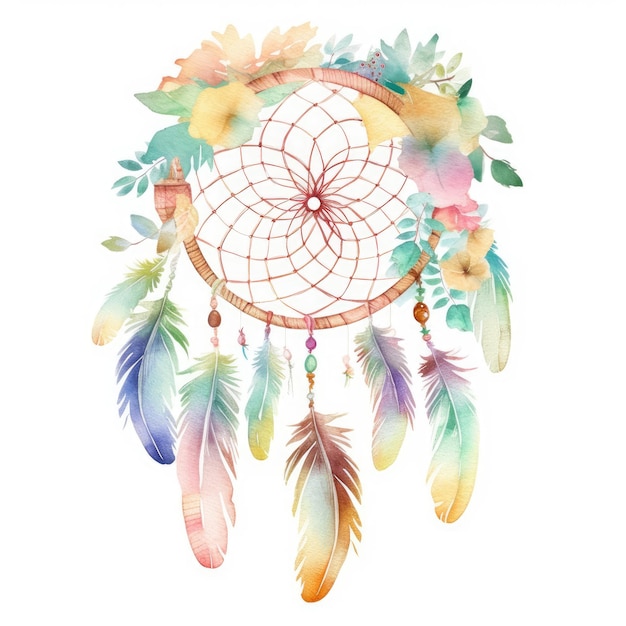 A dream catcher with flowers and feathers.