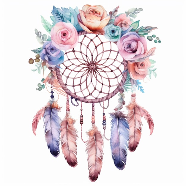 Dream catcher with roses and roses on a white background.