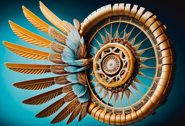 Dream catcher a wooden wheel similar to a steering wheel with feathers