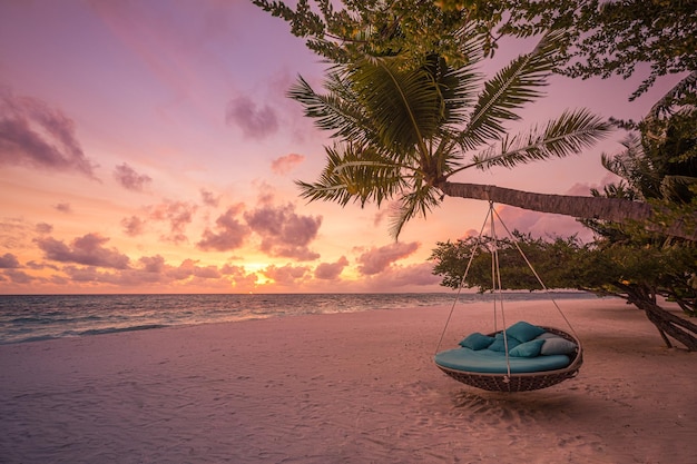 Dream couple goals concept. Love romance, beach sunset, palm tree swing. Honeymoon vacation travel