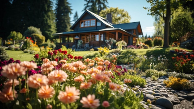 Фото Дом мечты с цветочным садом рядом с домом в солнечный летний день с голубым небом и газоном и зеленью вокруг