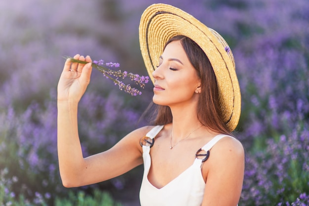 Dream and inspiration, summer happy woman in lavender field.