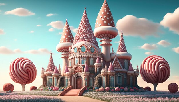 Photo dream magic candy kingdom cute pink beautiful castle ai generate