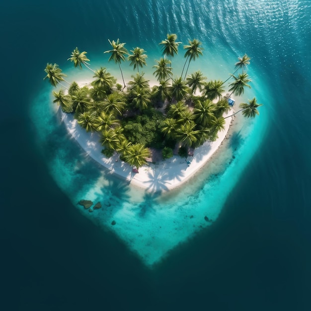 Foto isola tropicale da sogno a forma di cuore in mezzo all'oceano vista aerea concetto di vacanza estiva ai generato