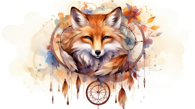 Dreamcatcher fox watercolor illustration generative ai
