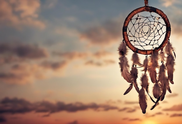 Dreamcatcher sunset sky boho chic ethnic amulet symbol indigenous peoples day and native americans