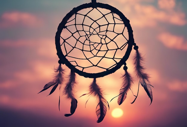 Dreamcatcher sunset sky boho chic ethnic amulet symbol indigenous peoples day and native americans