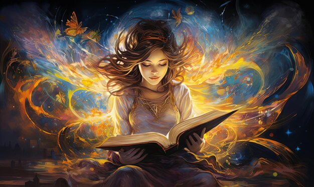 мечтатель и крылья феи на книге художественной литературы и волшебства в стиле психоделической портретной живописи