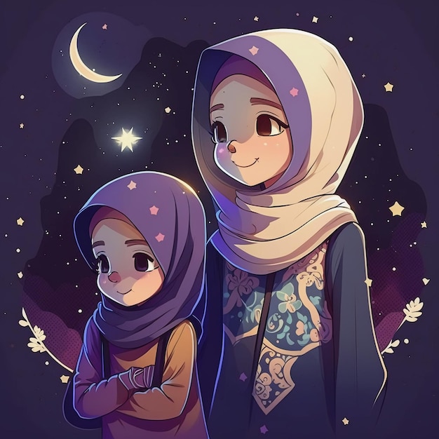 Dreaming cute muslim hijab daughter Eidal-Fitr art