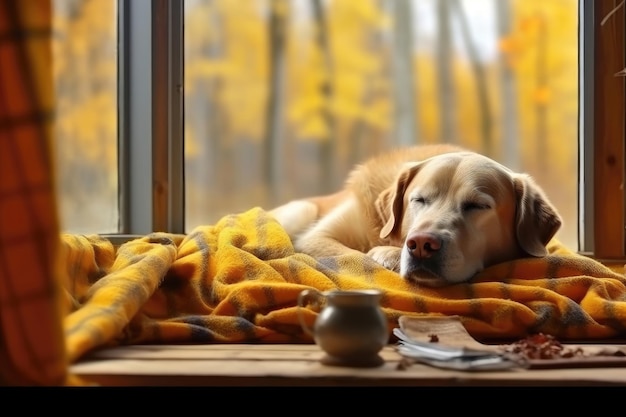 Dreaming dog sleeps on cozy warm windowsill in autumn weather hygge concept