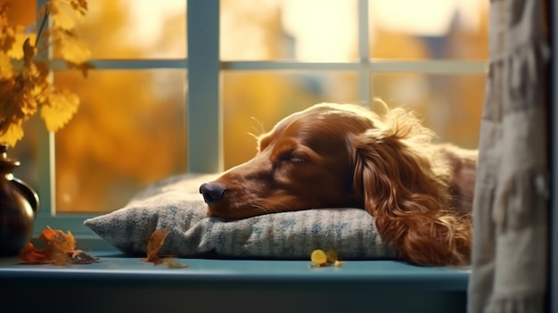 Foto il cane sognante dorme sul confortevole e caldo davanzale della finestra in autunno