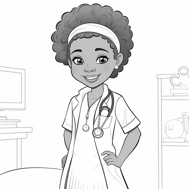 Dreaming of Healing Kids Coloring Page Featuring an African American Girl Doctor