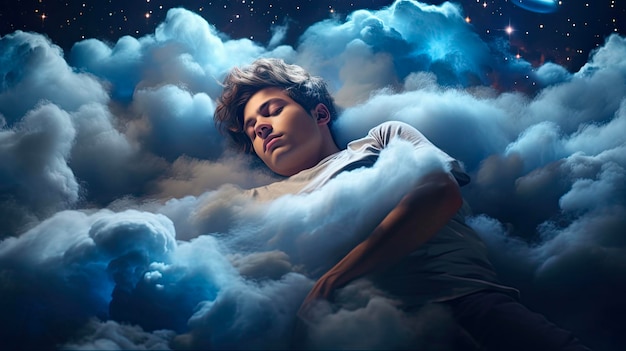 Dreaming man enjoying peaceful sleep on a bed surrounded by graphic clouds with calm and serene