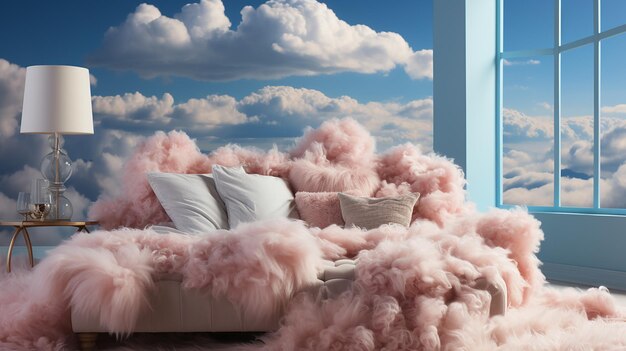 Photo dreamland elevation bed stand in a blue fluffy cloud in the sky