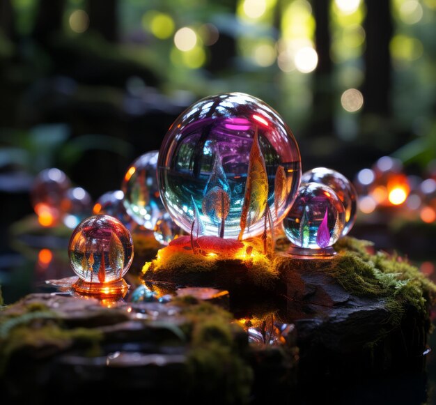 Dreamlike Brilliance Enchanting Light Effects in Yndall's Colorful Glass Marbles amid a Magical Gla