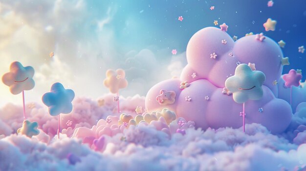 Dreamlike Clouds and Smiling Flowers Fantasy Scene