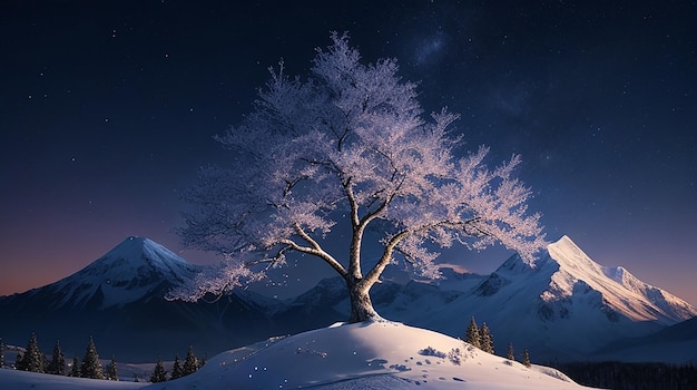 A dreamlike digital painting of a snowcapped mountain with a kaleidoscopic tree in the foreground