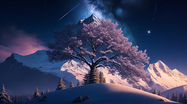 A dreamlike digital painting of a snowcapped mountain with a kaleidoscopic tree in the foreground