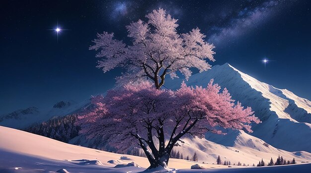 A dreamlike digital painting of a snowcapped mountain with a kaleidoscopic tree in the foreground