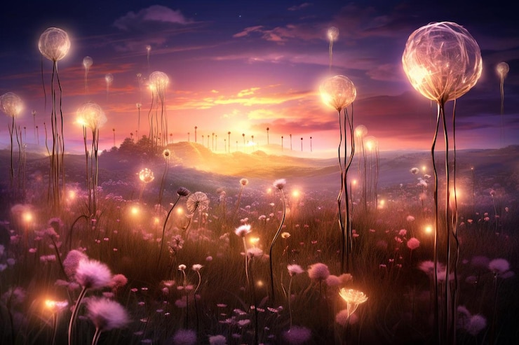 Photo dreamlike enchanted meadow with glowing orbs