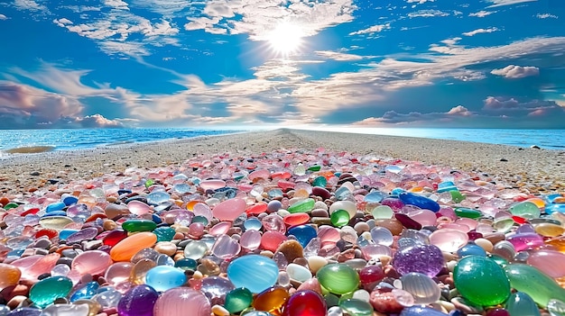 A dreamlike glass beach scene featuring vibrant colorful stones meticulously rendered in