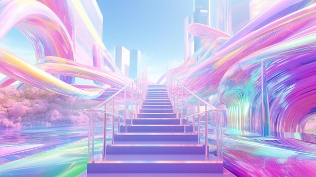 Dreamlike hologram city background with pink and purple sky