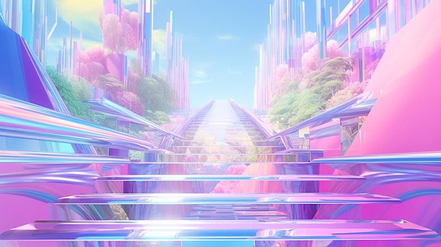 Dreamlike Hologram City Background with Pink and Purple Sky