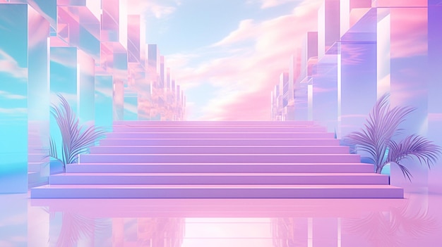Dreamlike hologram city background with pink and purple sky