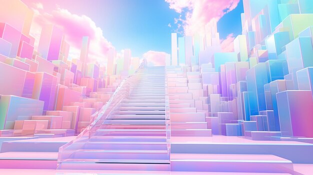 Dreamlike hologram city background with pink and purple sky