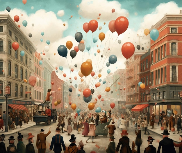 A dreamlike illustration of a Thanksgiving parade