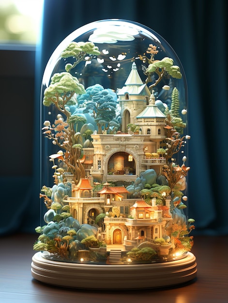 Dreamlike illustrations miniature 3d model in a bottle