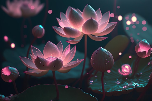 Сказочное изображение светящегося цветка лотоса или водяной лилии с прозрачным розовым