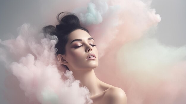 A dreamlike image of a model surrounded by a cloud of delicate pastelhued powders generative ai